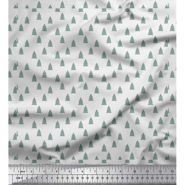 Soimoi White Poly Georgette Fabric Christmas Tree Decor Fabric Printed Yard 42 Inch Wide