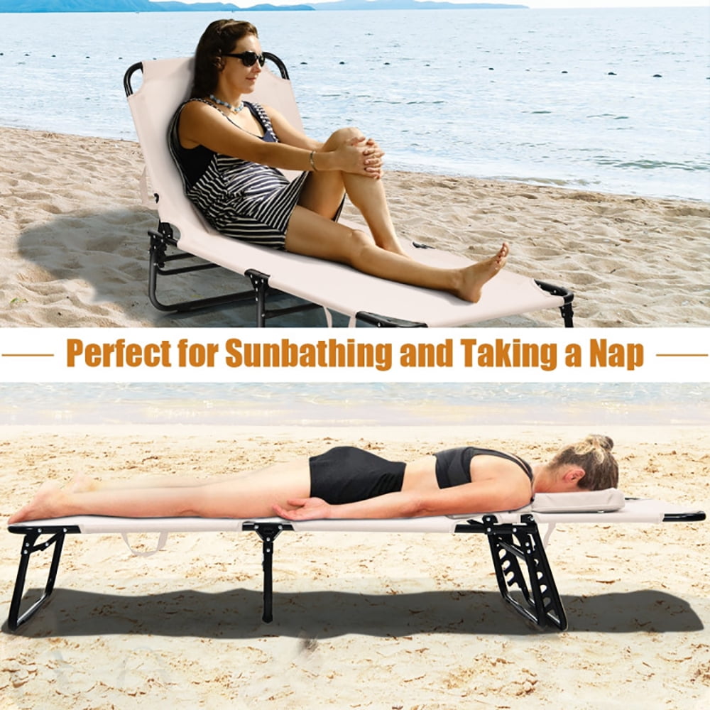 Aimee Lii Outdoor Folding Chaise Beach Pool Patio Lounge Chair Bed with Adjustable Back and Hole, Patio Loungers, Beige