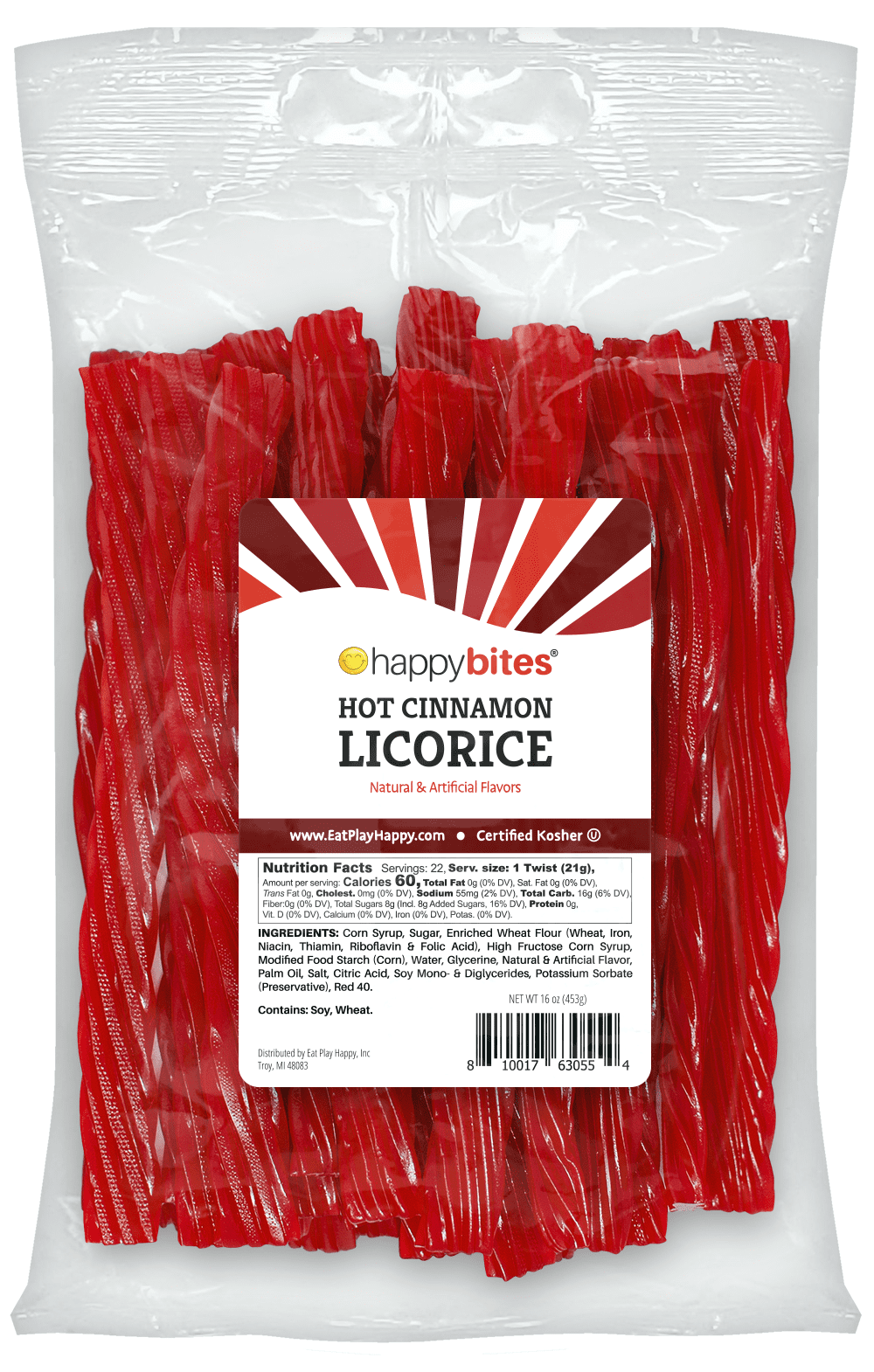Happy Bites Hot Cinnamon Licorice Twists JUMBO Size Certified Kosher Vegan Gourmet Low