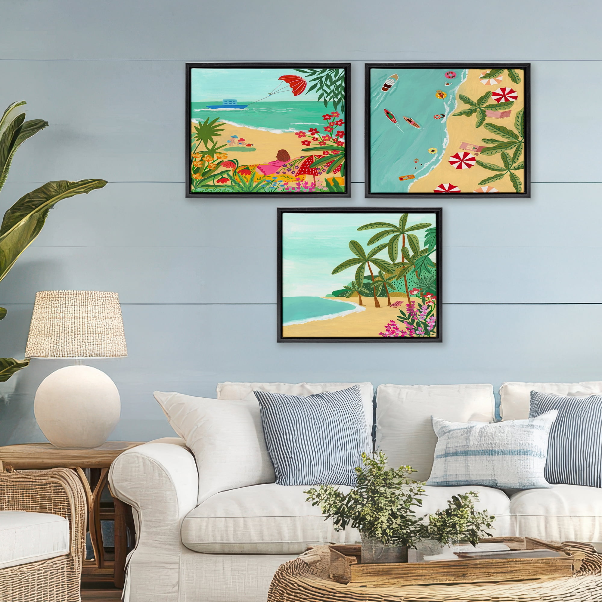 Busy Beach And Flowers 3 Piece Black Framed Floater Canvas Set, design by Nabeela Rumi