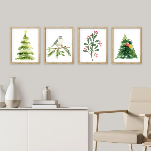 PixonSign Framed Wall Art Christmas Tree Pine Tree Bird Flower, Set of 4 Forest & Holidays Wall Decor Arts, Seasonal Wall Décor, Adhesive Canvas Poster, Modern Home Artwork - 11"x14" Natural