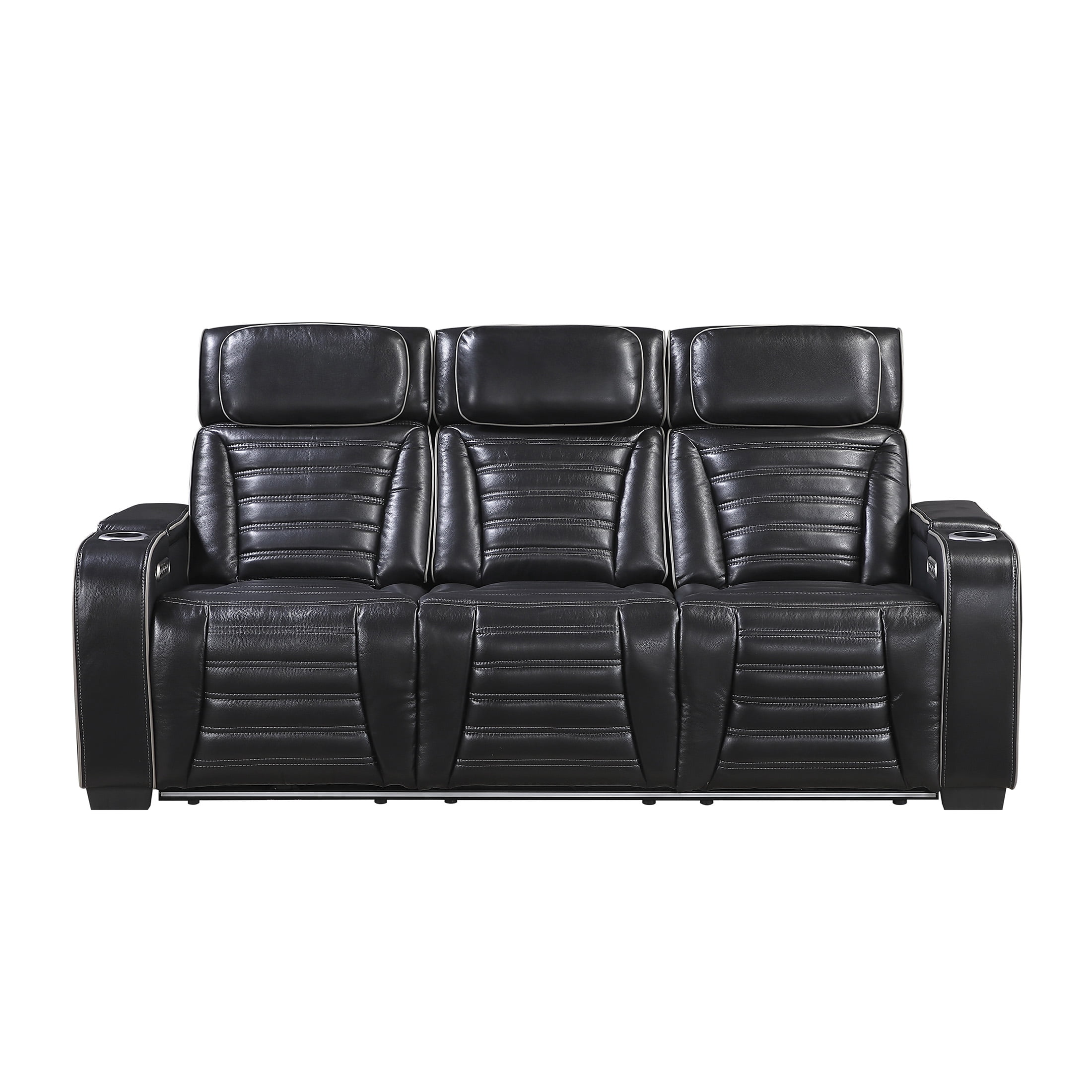 OakvillePark Elantra Leather Match Power Double Reclining Sofa with Center Drop-Down Cup Holder/Power Headrests/Storage Arms/Reading Lights/Wireless Charger/Air Massage/Heat/LED Lighting, Black