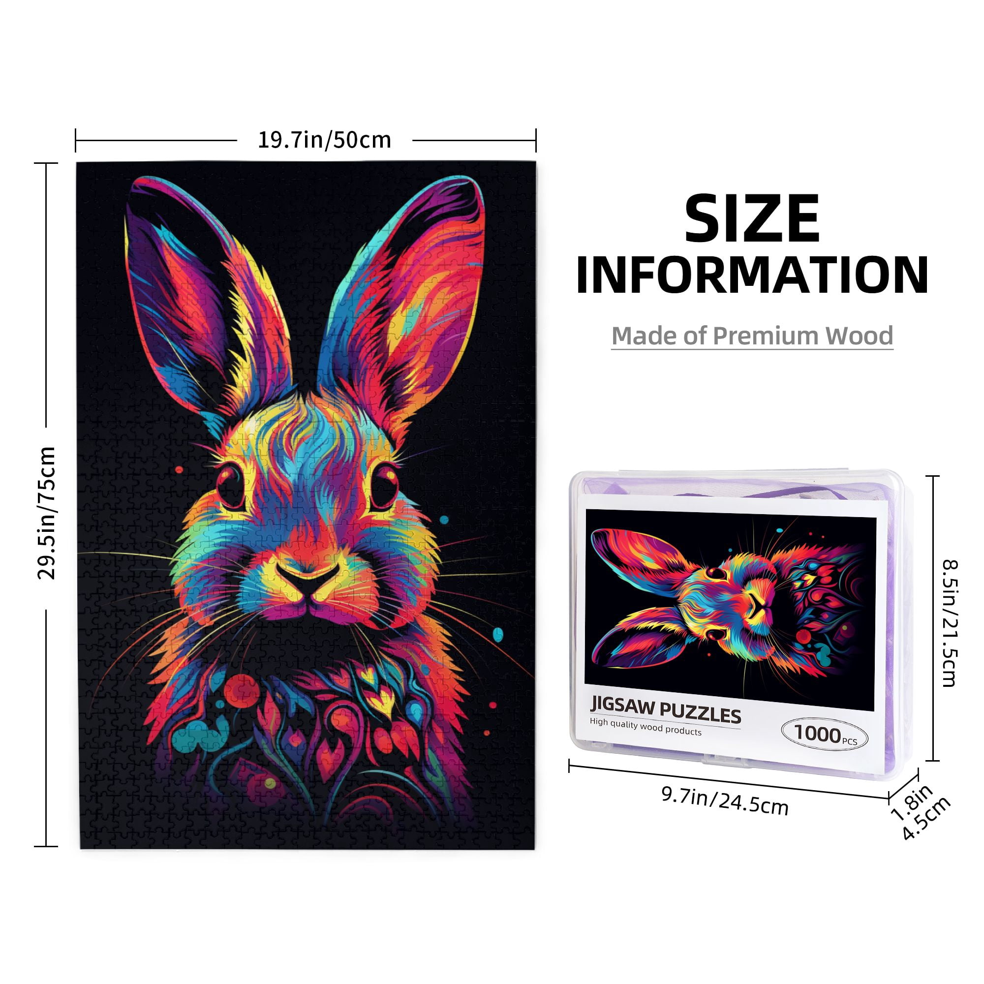 1000 pcs Cute Colorful Rabbit 1000 Piece Wooden Puzzles,Stunningly Vibrant Colors,Funny Artwork for Animal,Enchanting Colorful Rabbit Stress relieving pleasure 1000 Piece,Stress relieving pleasure