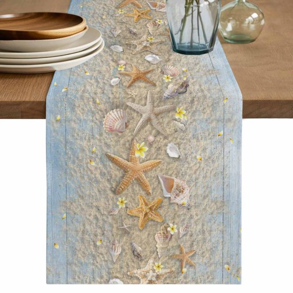 Coastal Beach Table Runner 120 Inches, Summer Ocean Sea Starfish Blue Wooden Grain Bed Runner Dresser Scarves Tabletop for Indoor Outdoor Parties/Ceremony/Banquet, 13"x 120"