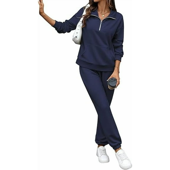 FIOPHY Women's Cozy 2 Piece Outfits Lounge Sets Long Sleeve Half Zip Sweatshirt Tops Jogger Sweatpants Sweats Track Suits Set,Navy Blue,XL