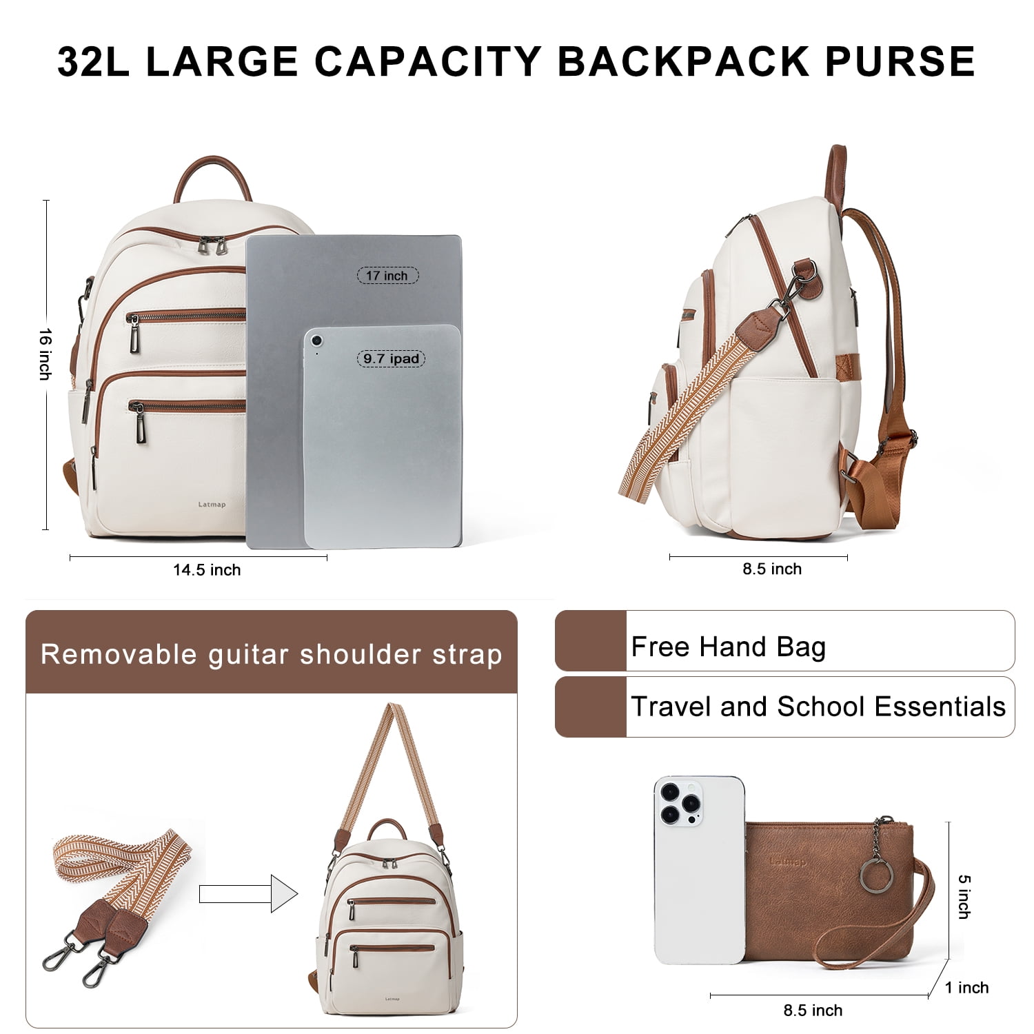 Backpack Purse for Women, Leather Vegan Ladies Fashion Designer Rucksack Convertible Travel Shoulder Bag Teacher College Daypack Work Handbag fits 14" Laptop-Beige