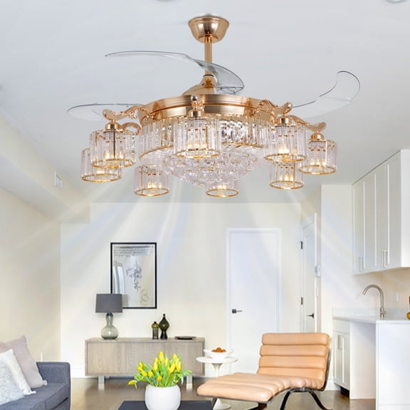 More Change 42'' Ceiling Fan Invisible Fan Pendant Lamp With Light Arm Crystal Chandelier