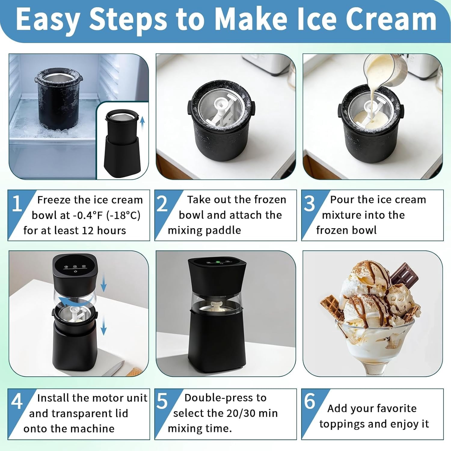 Ice Cream Maker Machine with Pre-Freeze Bowl, Rechargeable Homemade Ice Cream Maker, 20/30 Min Electric Small Ice Cream Machine for Gelato, Frozen Yogurt