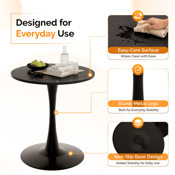 Round Tulip Dining Table, 27.6 Inch Circular Kitchen Table for 2 People, Melamine Laminated MDF Tabletop with Metal Pedestal Base, Easy Assembly Breakfast Table for Dining Room, Apartment, Black