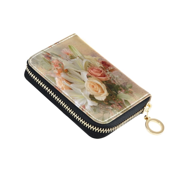 PU Leather Zipper Card Case Wallet Credit Card Holder with 9 Card Slots 4.7" x 3.1" Beautiful Floral Bouquet
