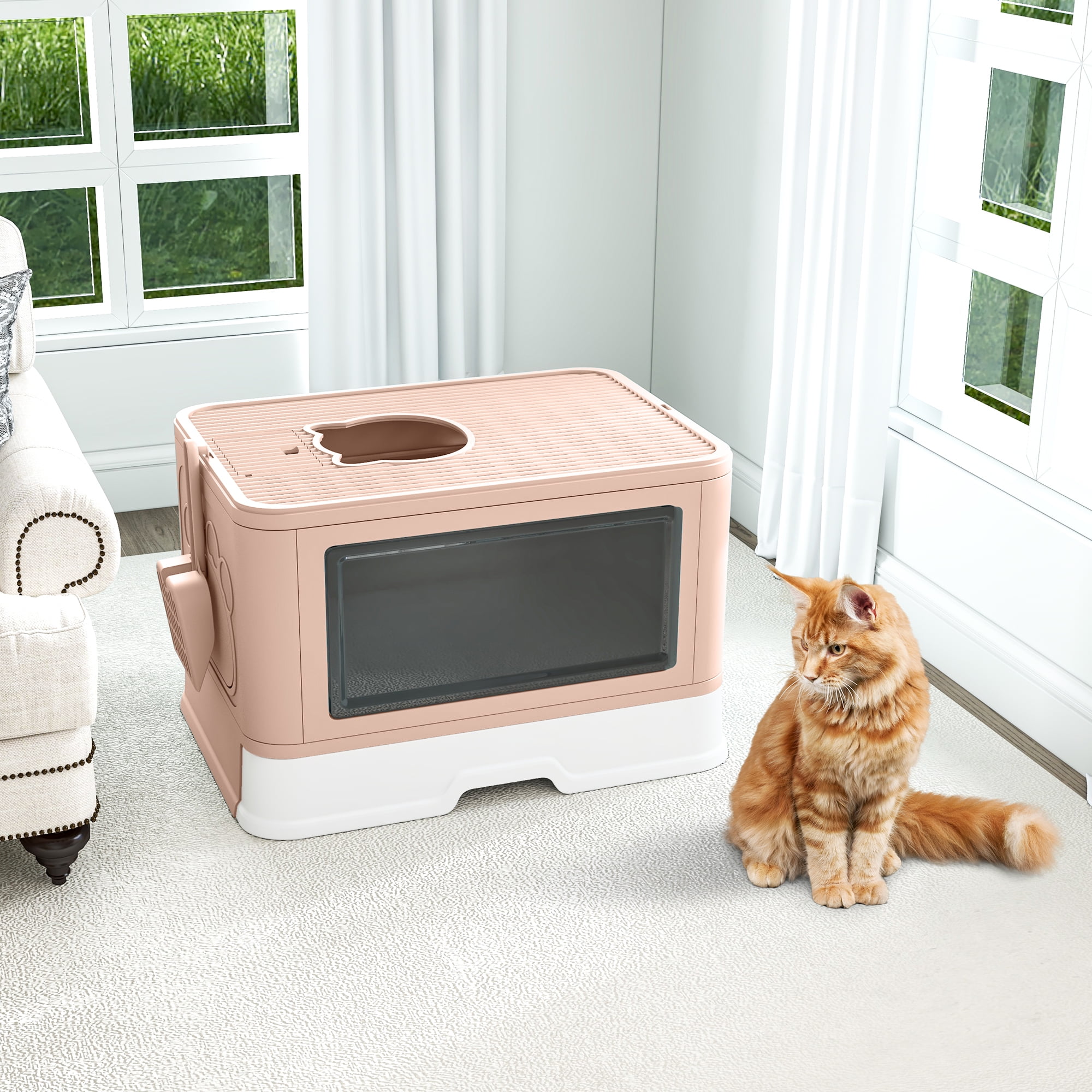 Uforic Large Enclosed Cat Litter Box with Lid Drawer Type Easy to Clean,with Litter Scoop,Pink