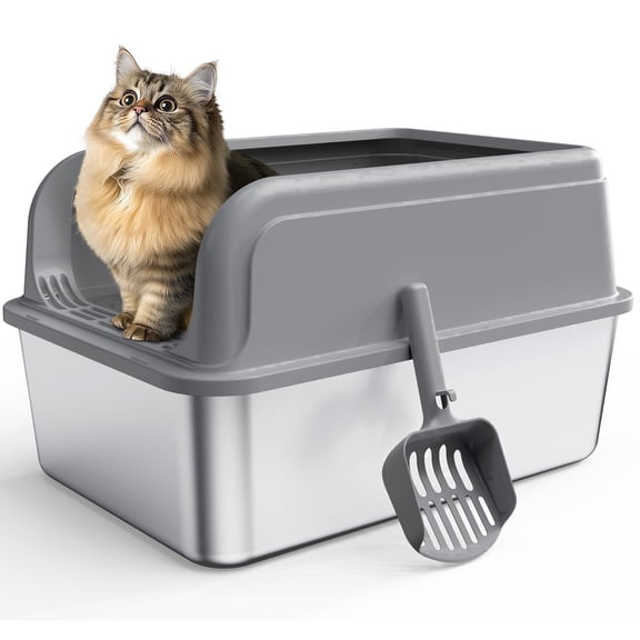 Powools Cat Litter Box, Stainless Steel High-Sided, 17.3 x 13.5 Inches, 6-Inch Deep Pan, with Litter Scoop, Gray