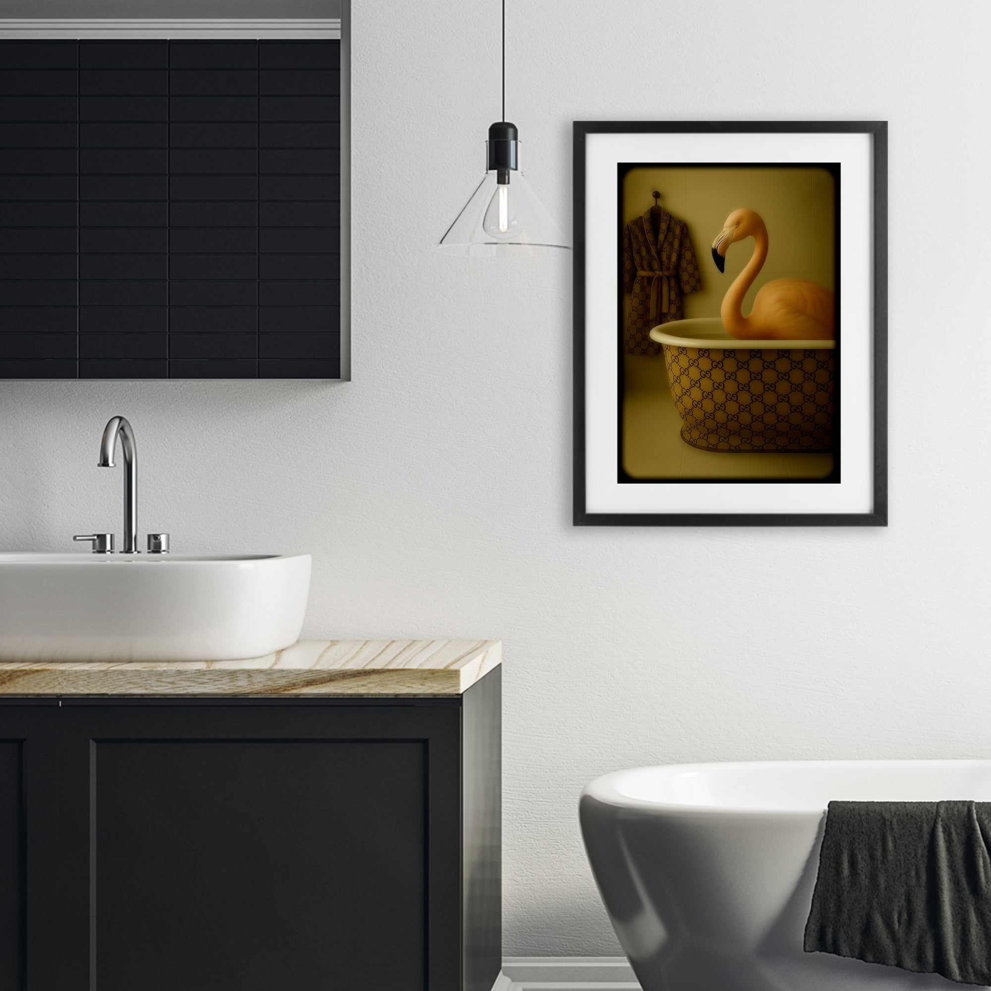 Stupell Industries Couture Flamingo in Luxury Tub Black Framed Print Under Glass, design by Grotto Studios