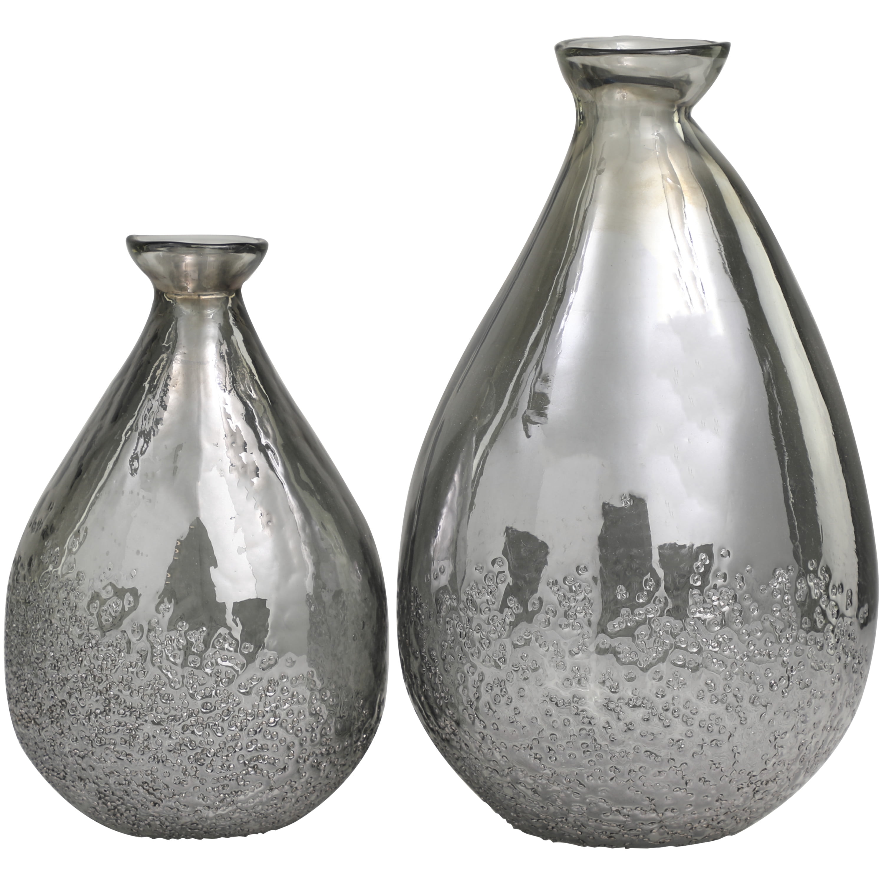 DecMode 12", 9"H Textured Teardrop Gray Glass Vase, Set of 2