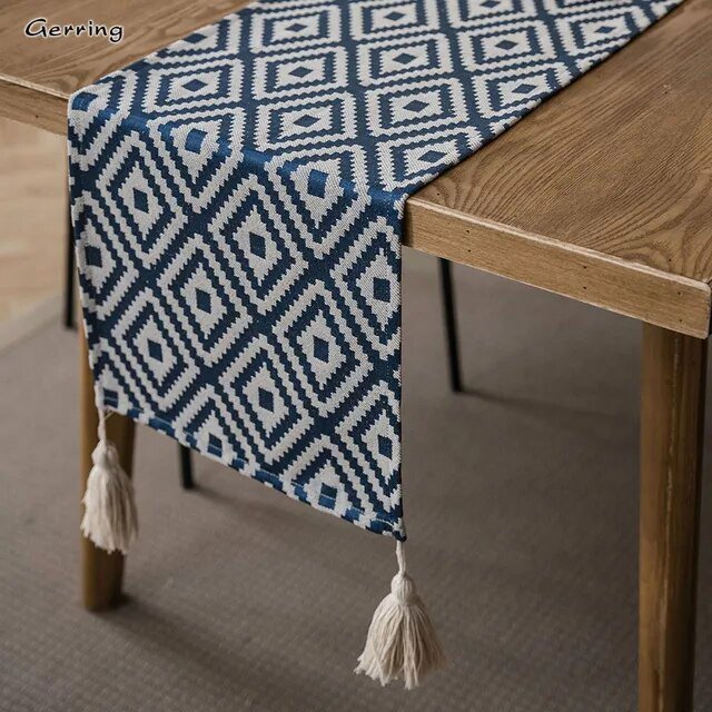 Gerring Nordic Jacquard Blue Table Runner Geometric Tassel Green Tea Table Flag Modern Elegant Table Runners For Dining Table