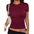 thumbnail image 2 of Gynyvoja Short Sleeve Shirts for Women Round Neck Basic Double Lined Tees Fitted Y2k Crop Tops Wine Red L, 2 of 8