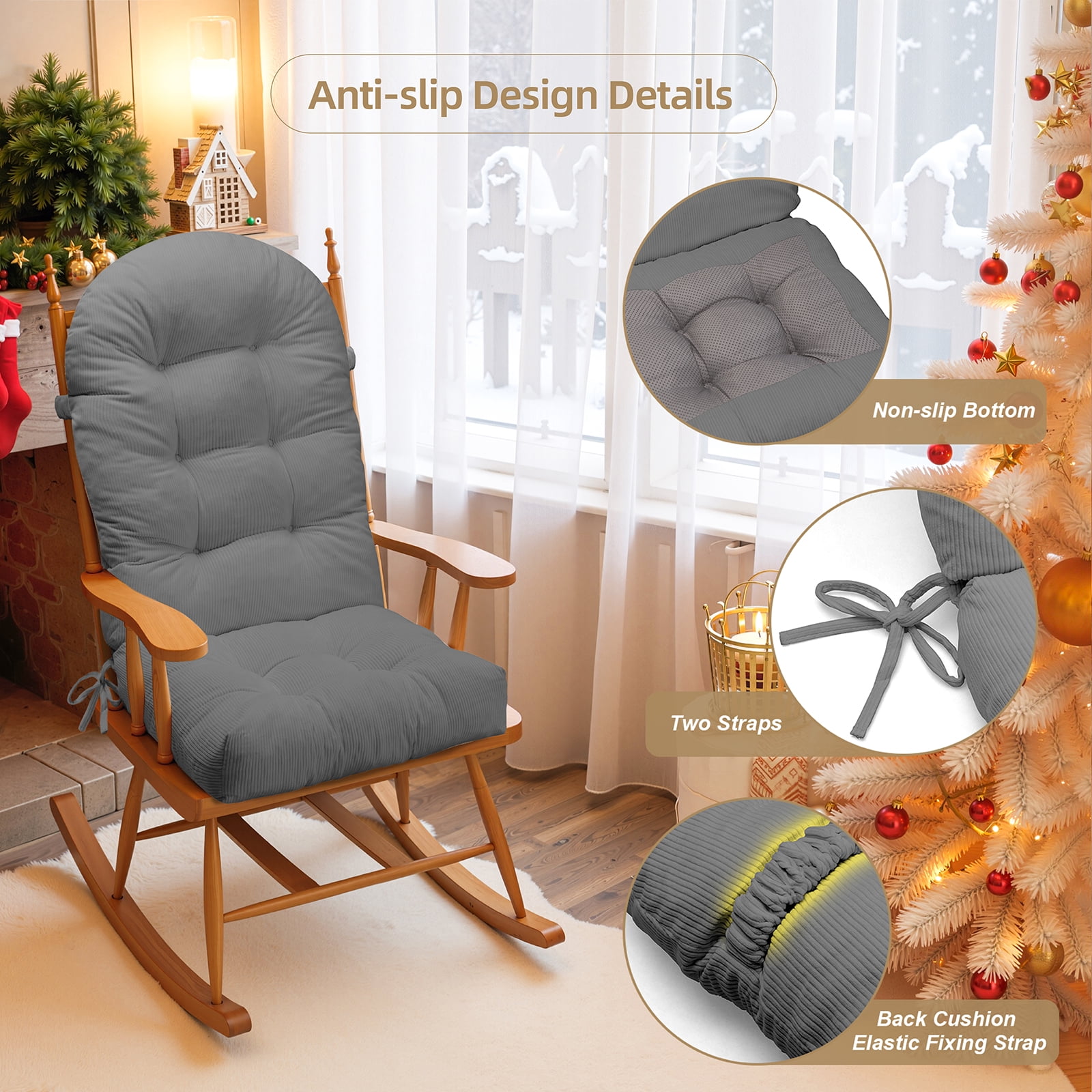 Millsilo Rocking Chair Cushion Set 44" x 19" x 4", High Back Tufted Cushion, Soft Breathable Corduroy Fabric, Non-Slip, Gray