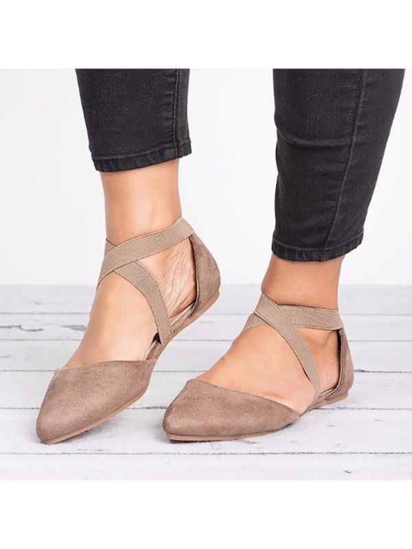 Women's Pointed Toe Ballet Flat Ankle Strap Cross Ballerina Pumps Casual Shoes 