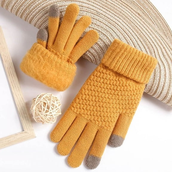 Women's Winter Gloves New Women's Winter Fashion Warm Touchscreen Medium and Long Knit Plush Gloves Style B-111 Yellow One Size