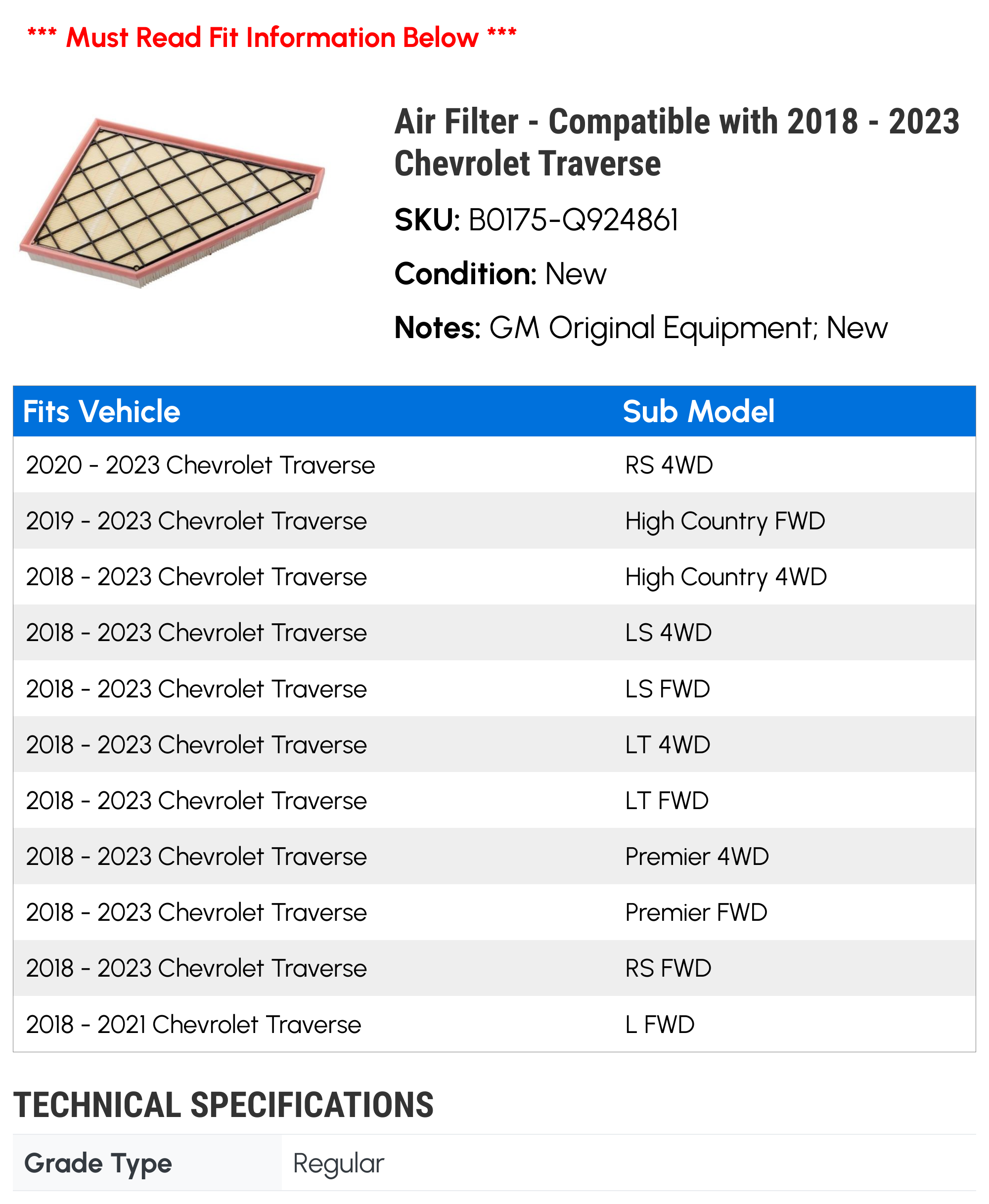 ACDelco GM Original Equipment B0175-Q924861 Engine Air Filter for 2018-2023 Chevy Traverse
