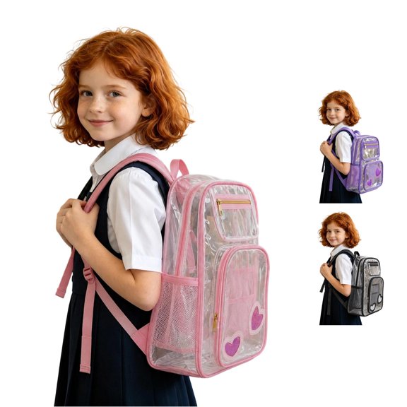 UJNDER Transparent Kids Backpack with Clear Front Pocket Lightweight Daypack for School Commuting and Travel Activities School Backpack for Girls,02_Pink,Mid