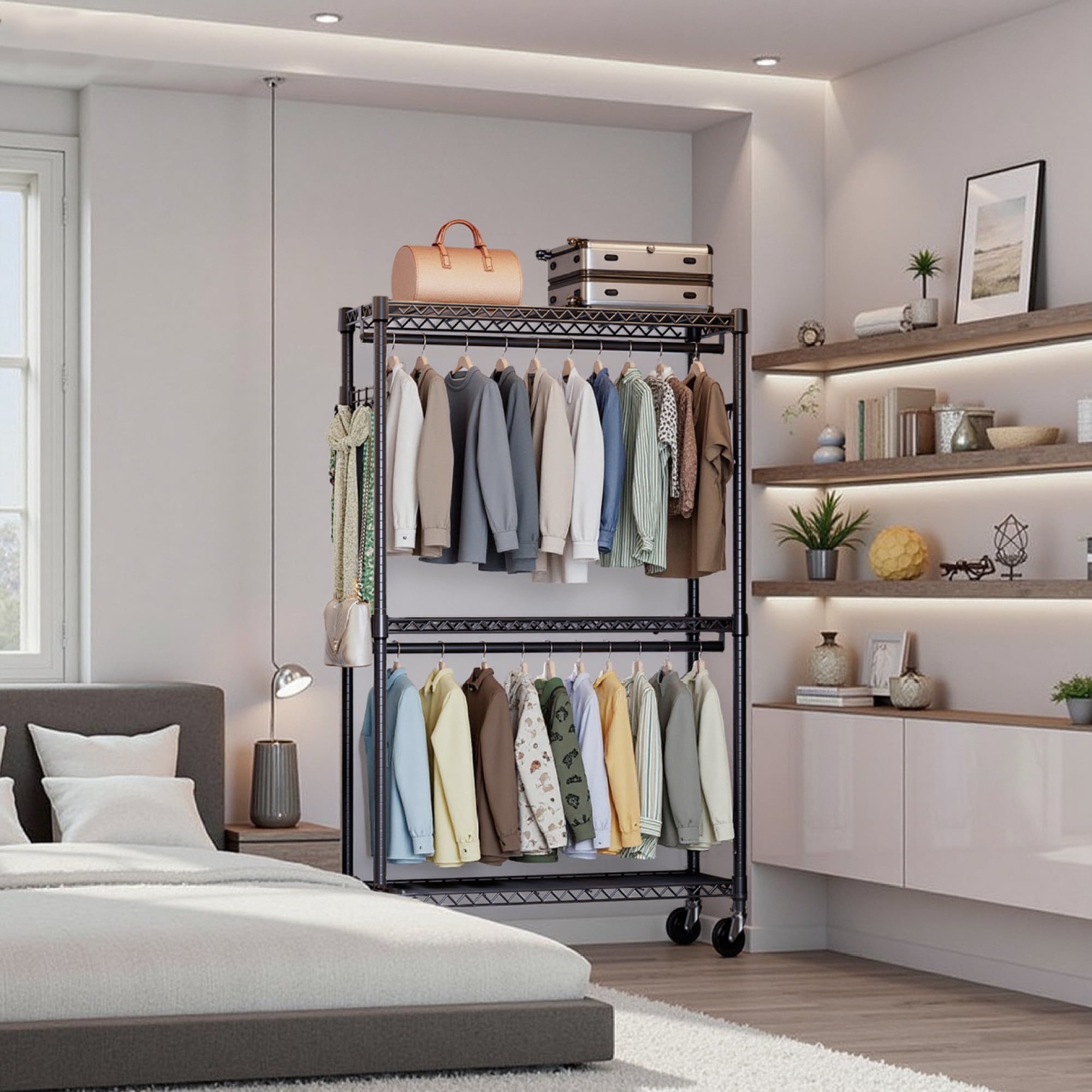 Leumius 3 Tiers Heavy Duty Rolling Garment Rack, Adjustable Wire Shelving Clothes Rack with 2 Rods and Side Hooks,Storage Closet Clothing Rack with Wheels for Laundry Room Bedroom Cloakroom Black