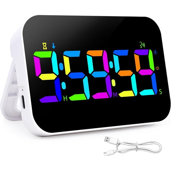 Kitchen LED Digital Timer Rechargeable, RGB Count Down Up Digital Timer with Vioce Reminder for Kitchen Classroom Cooking Study, Vibration Mode 3 Level Adjustable Volume and Brightness
