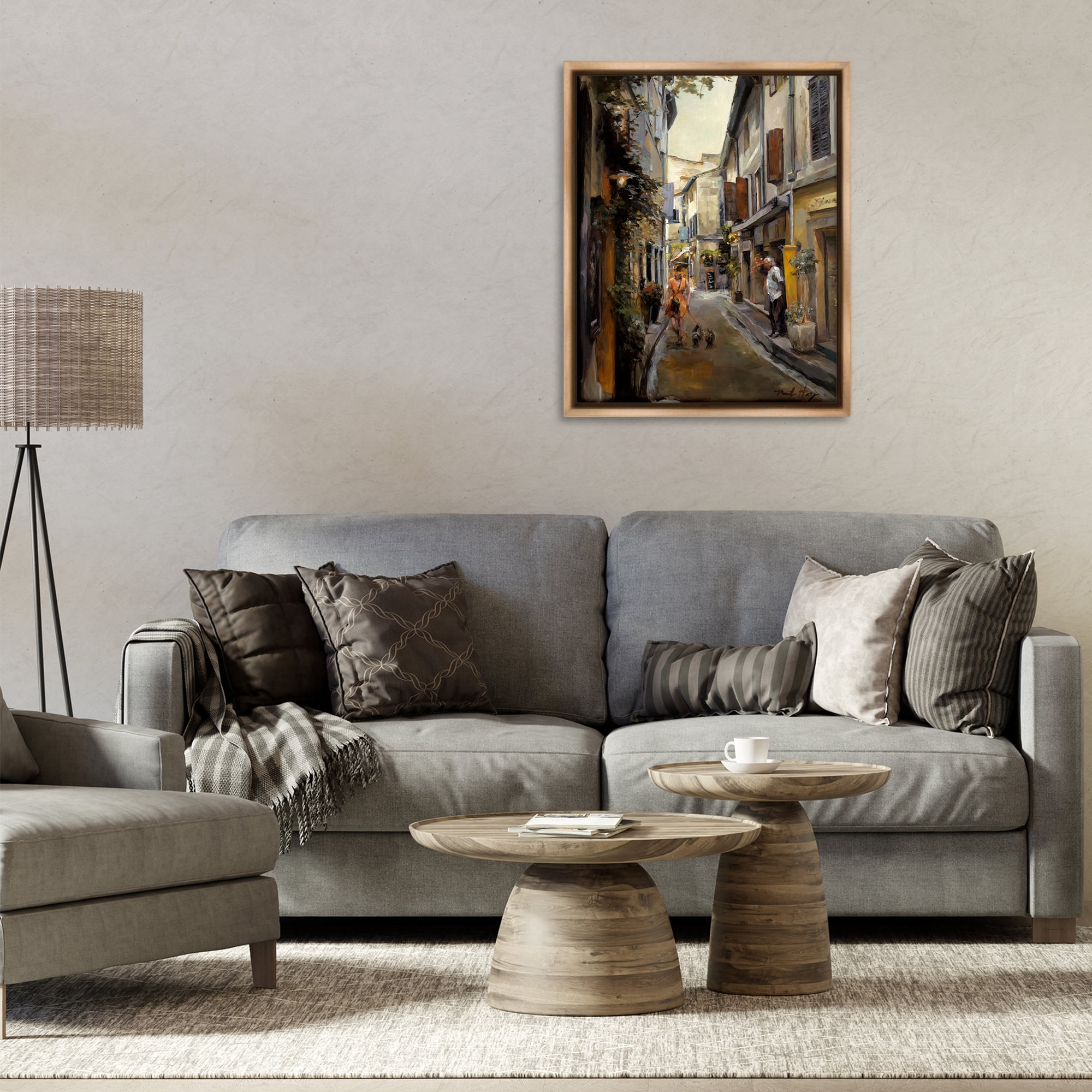 Stupell Industries European City Dog Walk Buildings & Architecture Painting Brown Floater Framed Canvas Art Print Wall Art, 25 x 31