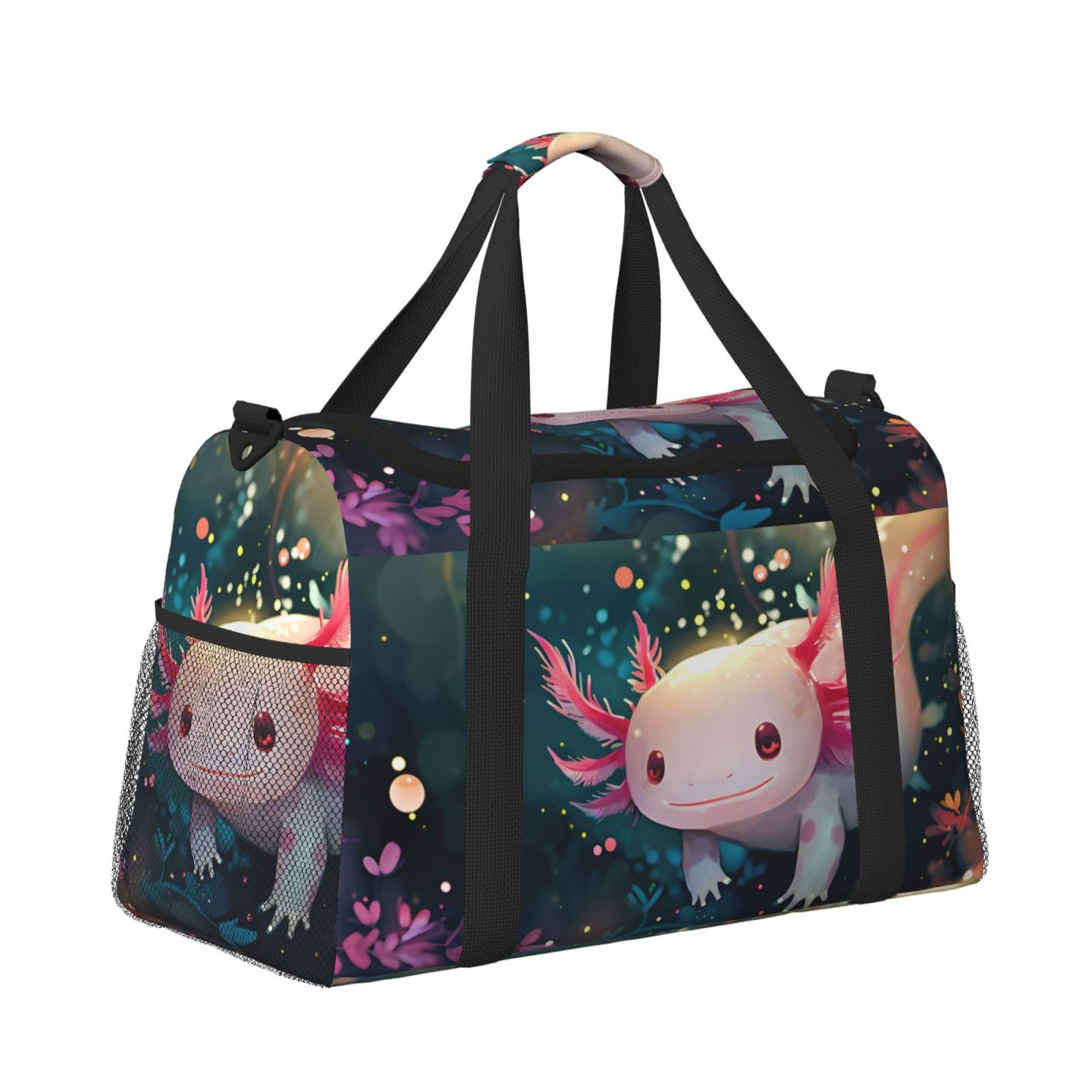 Kuqiui Whimsical Axolotl Fantasy Print Foldable Travel Duffel Bag Tote Carry on Luggage Bag Personal item Sports Gym Bag Water Resistant Weekender Overnight Bags for Women and Men