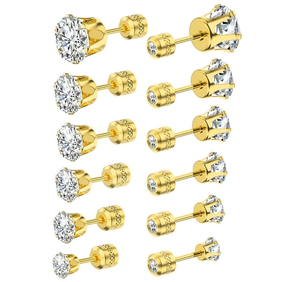 6 Pairs Flat Back Earrings Hypoallergenic Earrings, Stainless Steel Stud Earring for Women, 20G Surgical Steel Men Earring Cubic Zirconia Earrings Set with Screw Back