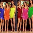 thumbnail image 2 of Robe Femme Aguichant Col en V Profond Courte à Franges Sans Manches Confortable Jour/nuit Mini Robe, 2 of 5