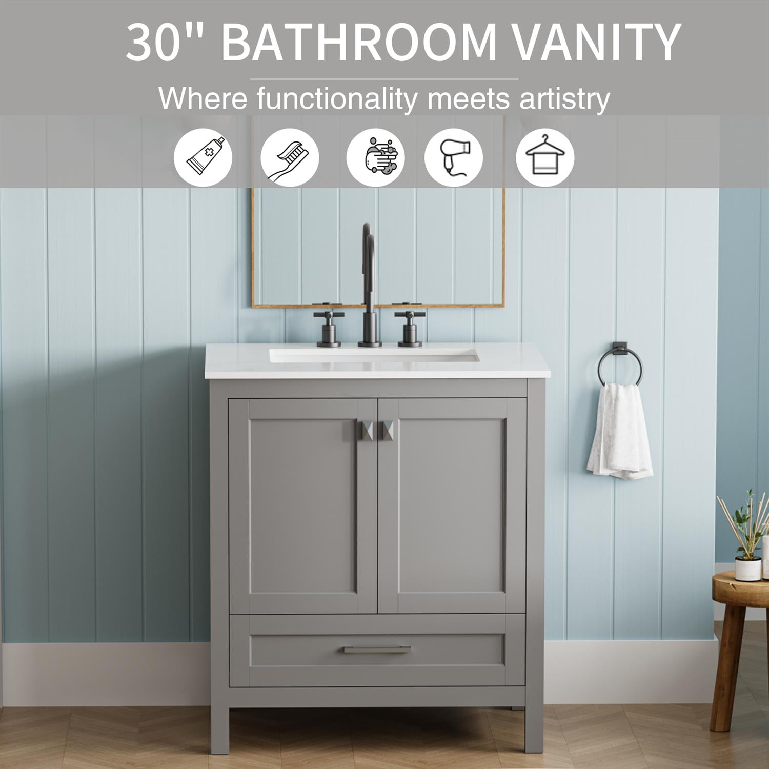 Demi Bonn 30" Freestanding Bathroom Vanity with Sink, Carrara Engineered Marble Vanity Top, Soft-Close Door, Under-mounted Rectangular Ceramic Sink, Gray