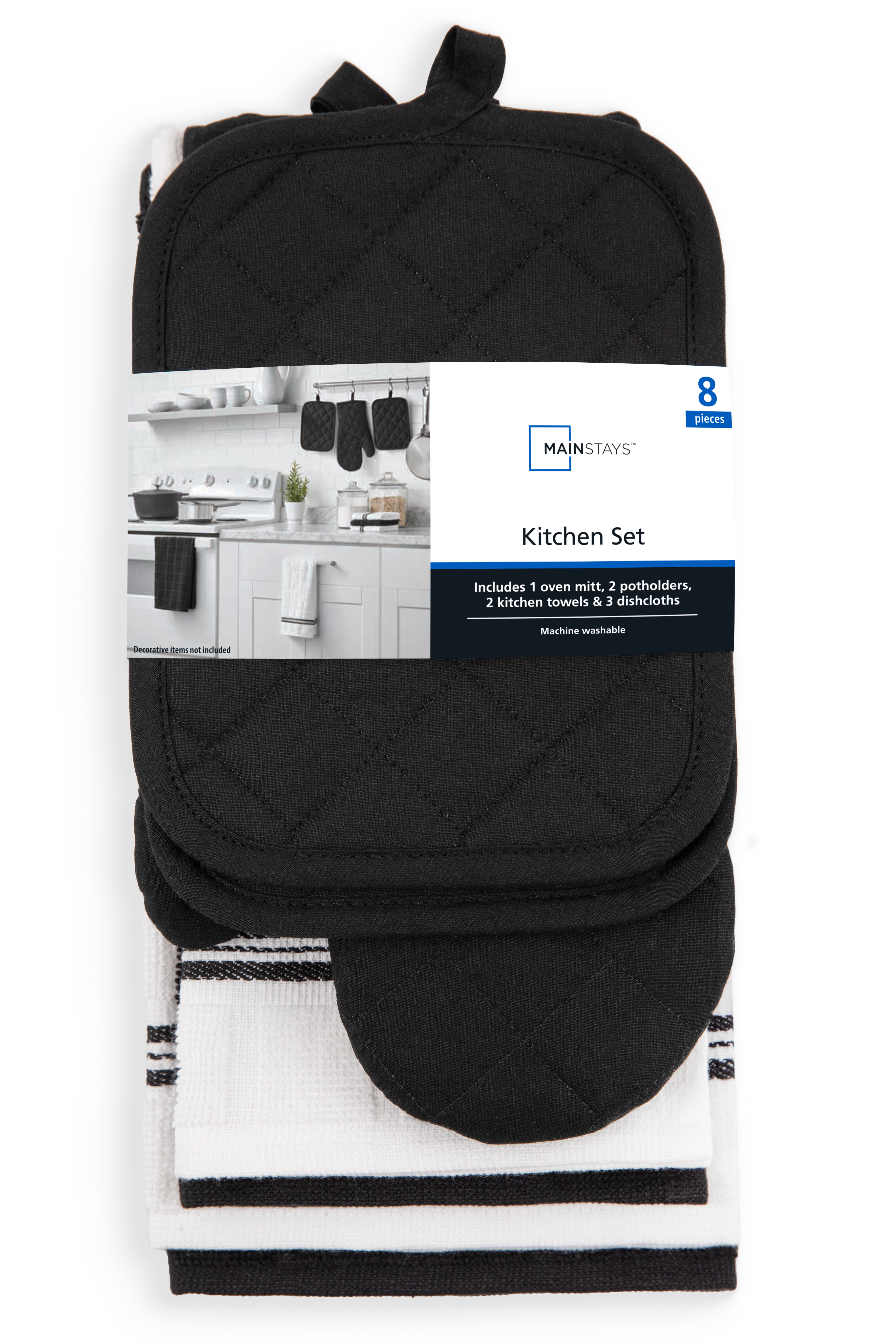 MAINSTAYS 8-PIECE COTTON KITCHEN TOWEL, DISHCLOTH, OVEN MITT, AND POT HOLDER SET, BLACK