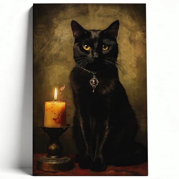Gothic Black Cat and Candle Canvas Wall Art Mystical Feline Oil Painting Dark Academia Poster Living Room Bedroom Decor Print Ready to Hang 8*12