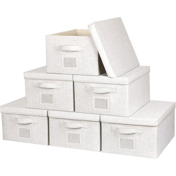 Large 17''x12'' Quart Collapsible Stackable Storage Bins with Lids, 6 Packs Off White Fabric Closet Boxes with Lids, Storage Cube Baskets Container Organizers for Bedroom Office(17''x12.2x''8'')