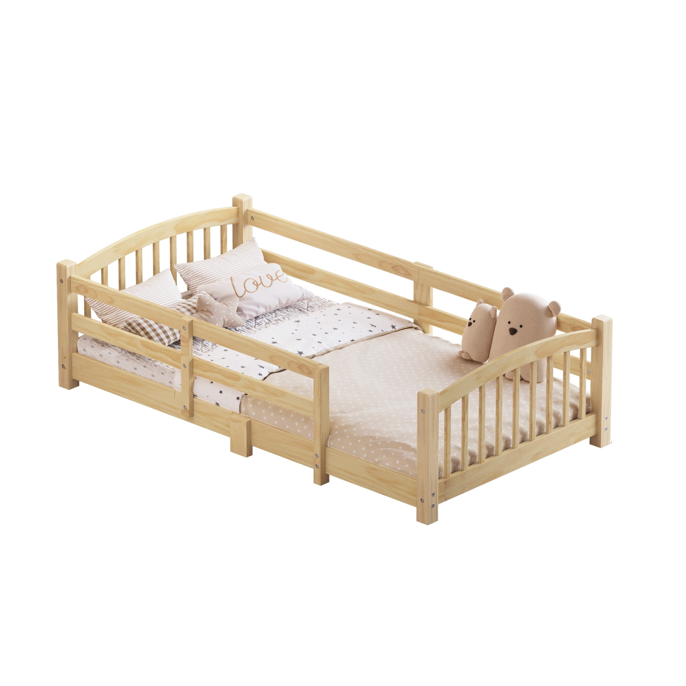 Noble House Twin Floor Bed with Slats, Safety Guardrails, Solid Wood Frame, Natural