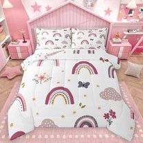Homewish Retro Boho Rainbow Queen Comforter Set,Cute Flower Floral Bedding Sets,Brown Stars Pattern Bedding Comforter Set For Girls,Super Cozy Room Decor Reversible,3pcs