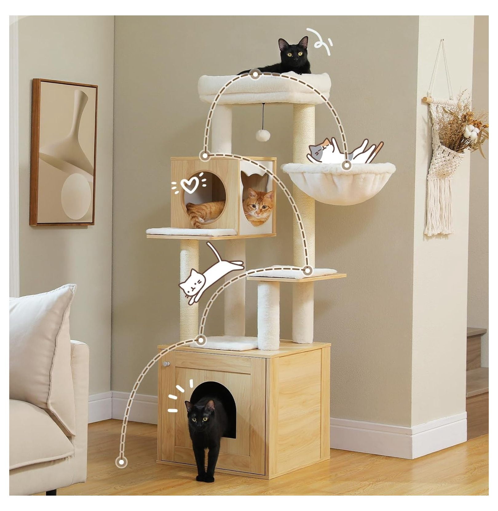 Cat Tree with Litter Box, 57.5" Indoor Cat Tower Beige