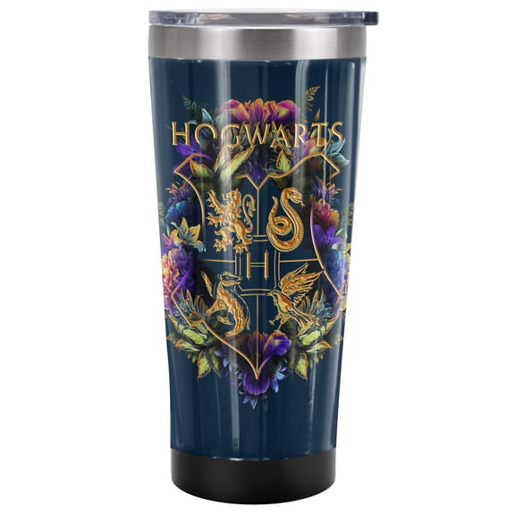 Harry Potter Official Hogwarts Multi-Colored Floral Crest 20 oz Travel Tumbler, Stainless Steel, Vacuum Insulated with Leak Resistant Slide-Lock Lid