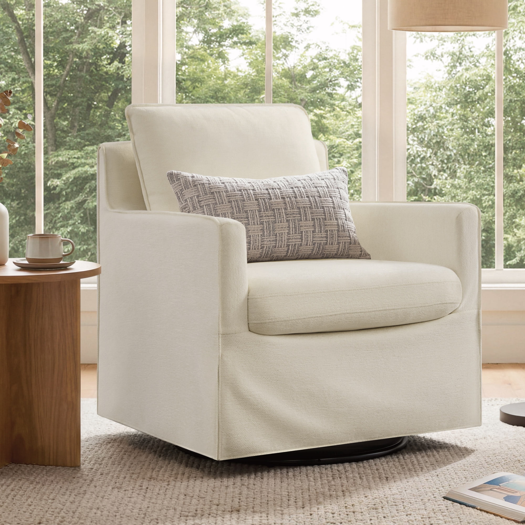 Spruce & Spring Upholstered Swivel Glider Accent Chair for Living Room, Nursery and Bedroom, Reversible Cushions, Track Arms, Modern Lounge Chair, Sand