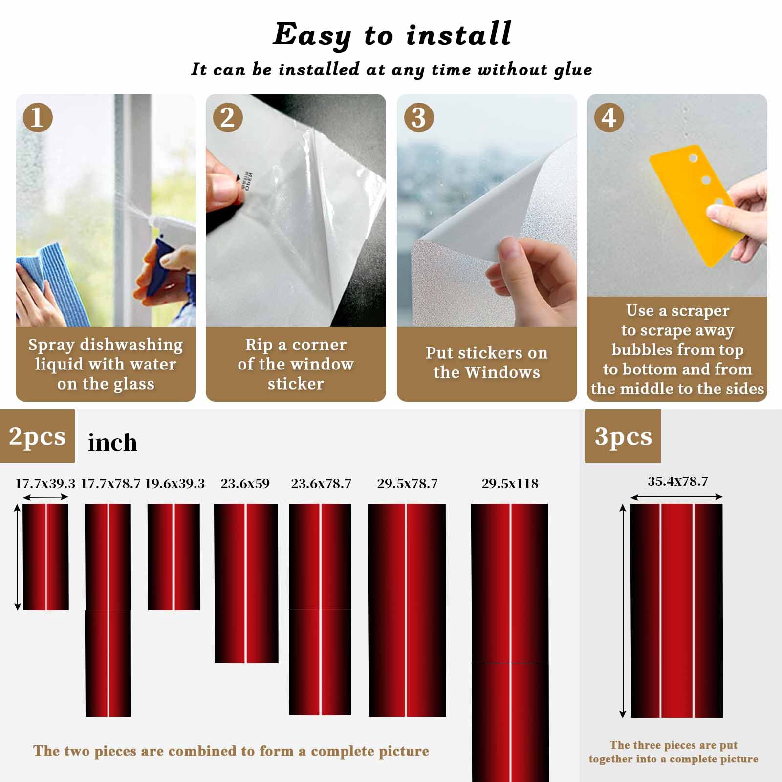 Gradient Red Black Window Privacy Film, Modern Abstract Minimalist Red Ocean Beach Frosted Glass Window Clings Static Cling UV Heat Blocking Reusable Door Sticker for Bathroom 29.5 x 118 Inch