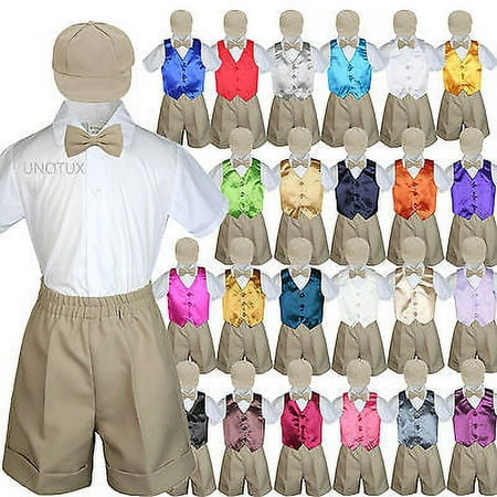 

Boys Toddler Formal Vest Shorts Suits Satin Vest Khaki Bow Tie Hat 5pc Set S-4T