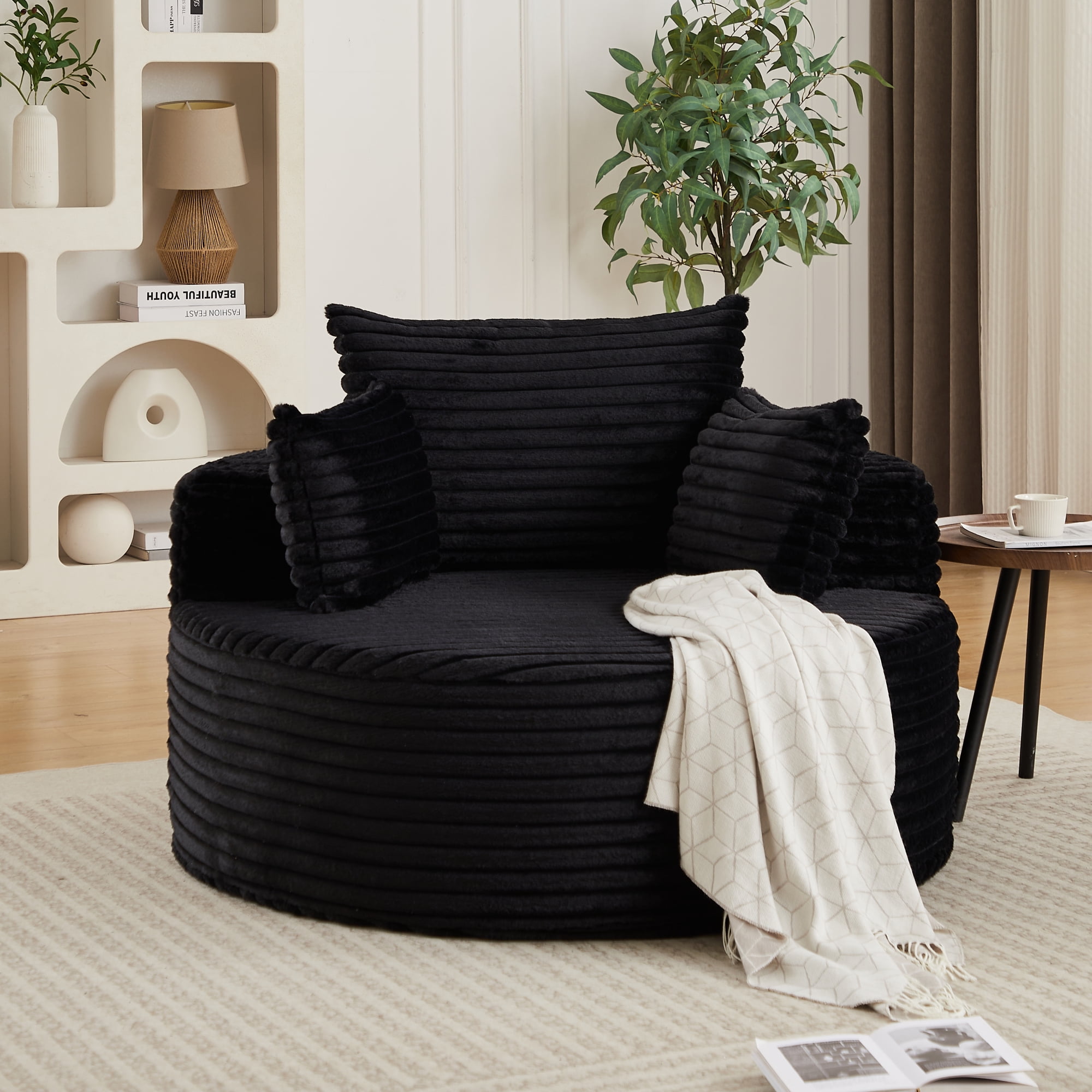 Leumius Oversized Round Chair Lounge Chaise Indoor,50" Upholstered Corduroy Deep Seat Single Cloud Sofa Chair, Fluffy Modern Large Circle Boneless Sleeper Sofa for Living Room, Bedroom,Black
