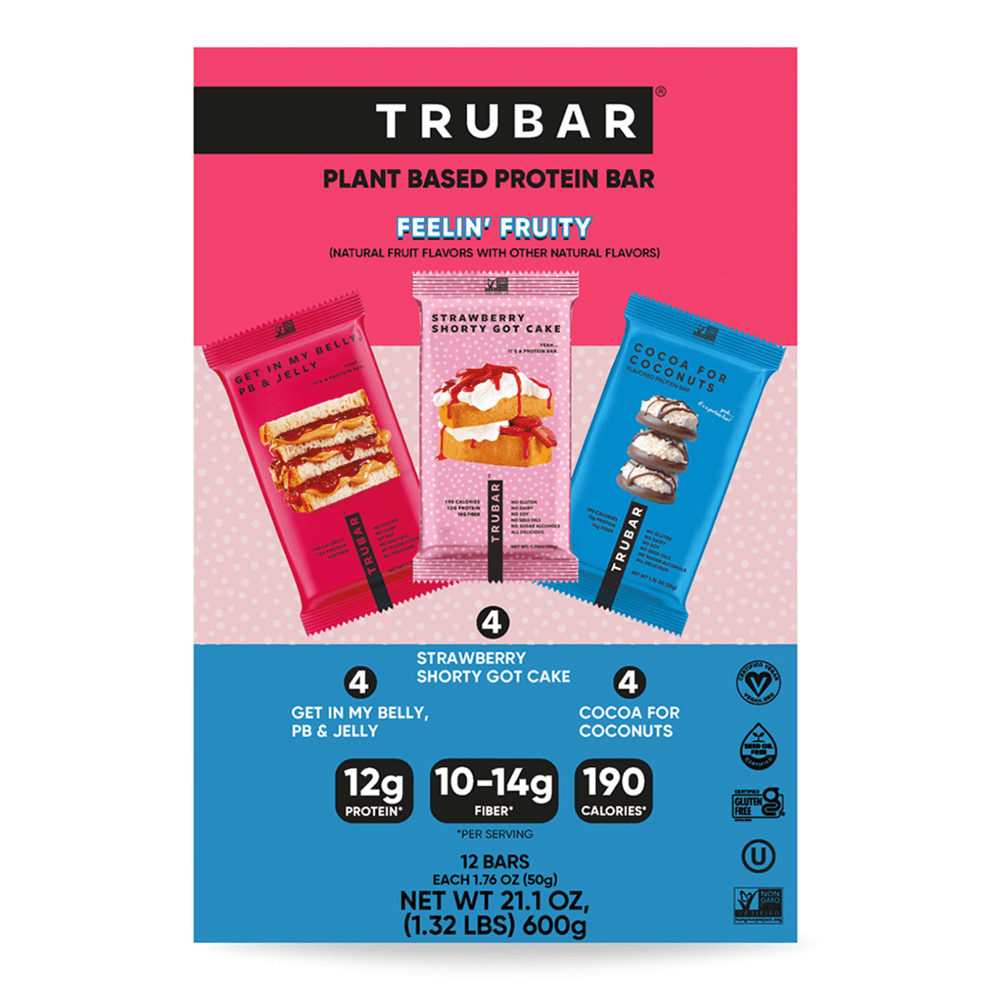 TRUBAR Protein Bar, Feelin’ Fruity Variety Pack, Plant Based Protein, Vegan, Gluten Free, Kosher, 12 Count