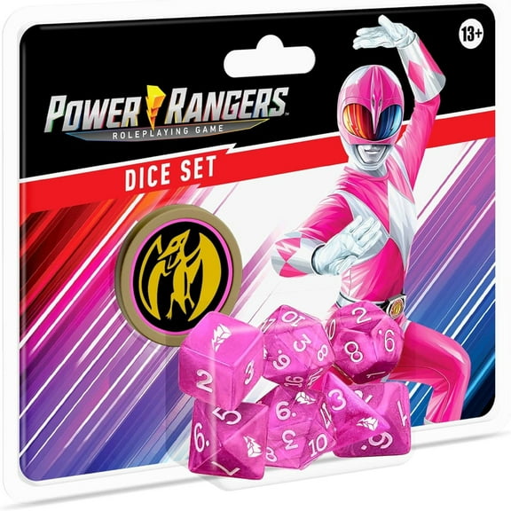 Renegade Game Studios Rangers Roleplaying Game Dice- Pink 8-Piece Dice Set, Custom Dice, Power Coin