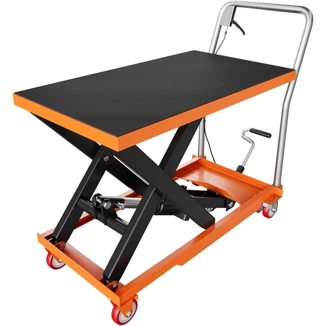 Hydraulic Lift Table Cart 330 lbs Capacity 28.5 In Heavy Duty Scissor Lift Cart with Locking Wheels and Non-Slip Pad for Material Handling Orange