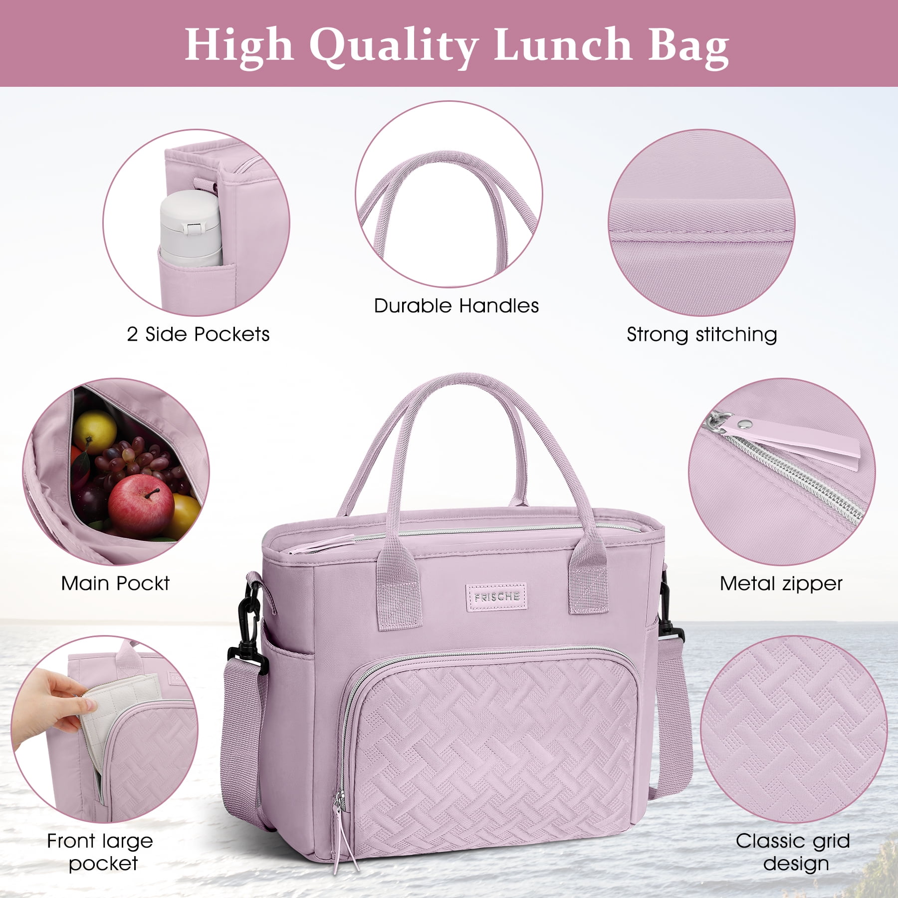 CshidWorld Insulated Lunch Bag for Men & Women - 18L Large Capacity Lunch Box for Work,Office ,Picnic, Hiking, Beach, Thermal Cooler Tote w/ Adjustable Strap, Pockets, Classic Plaid Design, Purple