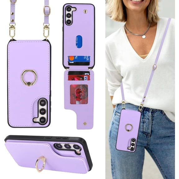 for Samsung Galaxy S22 Case with Card Holder and Strap for Women,Crossbody Lanyard,Ring Stand,Snap Clasp,Phone Wallet Cases 6.1 inch(Purple)