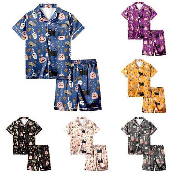 Weebloom Halloween Toddler Girls' Pajama Sets Outfits 2 Piece Set Short Sleeve Button Down Shirt And Shorts Casual Elastic Waist Sleepwear Nightwear Pjs Loungewear Blue 2-3 Years