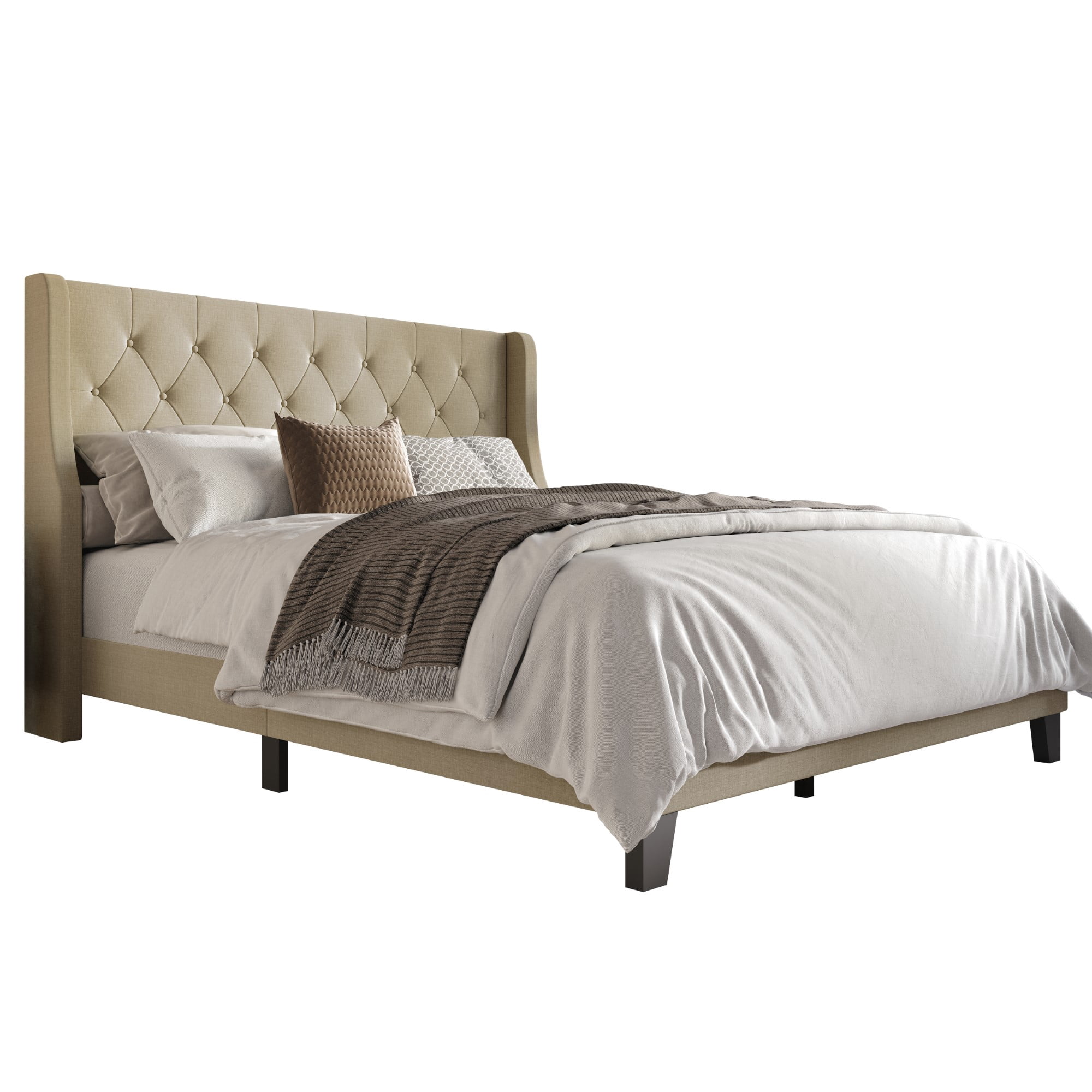 Home Design Medford Queen Tufted Upholstered Panel Bed with Wingback Headboard and Button Tufting, Dark Beige, Easy Assembly